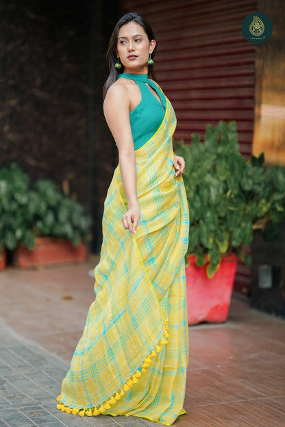 Nimbu Linen Handloom Woven Check Saree