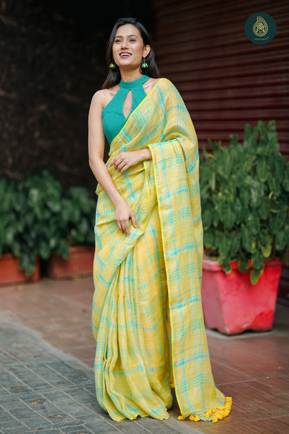 Nimbu Linen Handloom Woven Check Saree