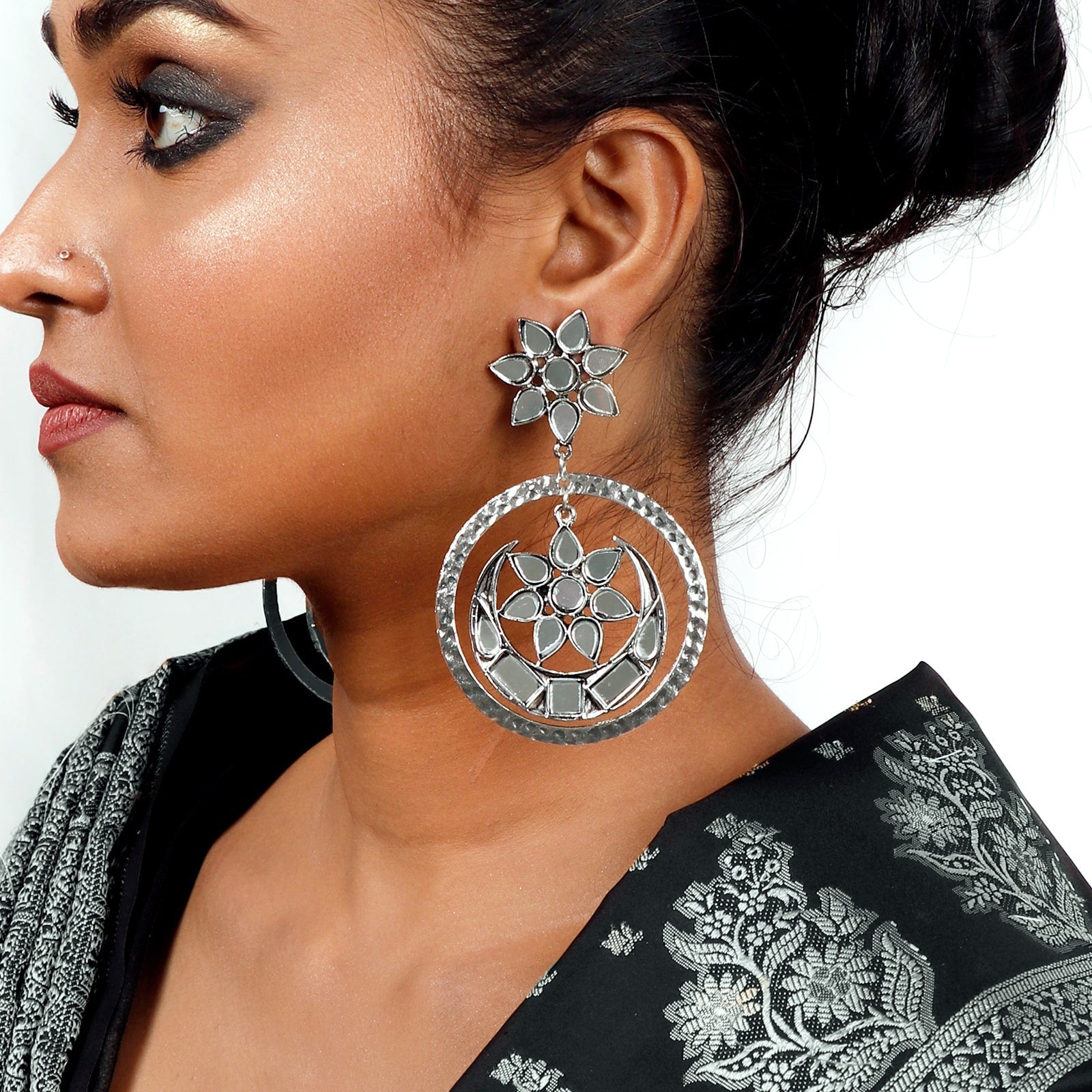 Samaya Silver Oxidized  Mirror Earrings - Teejh