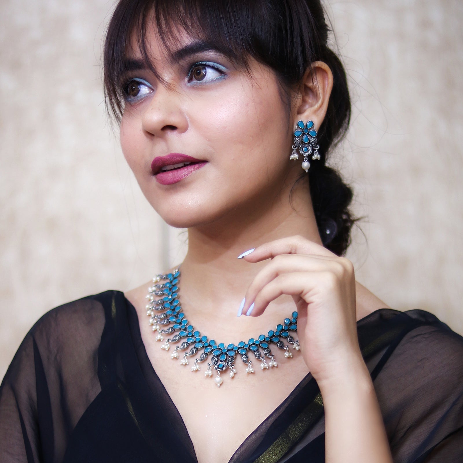 Niranjana Light Blue Stone Silver Oxidized Necklace Set - Teejh