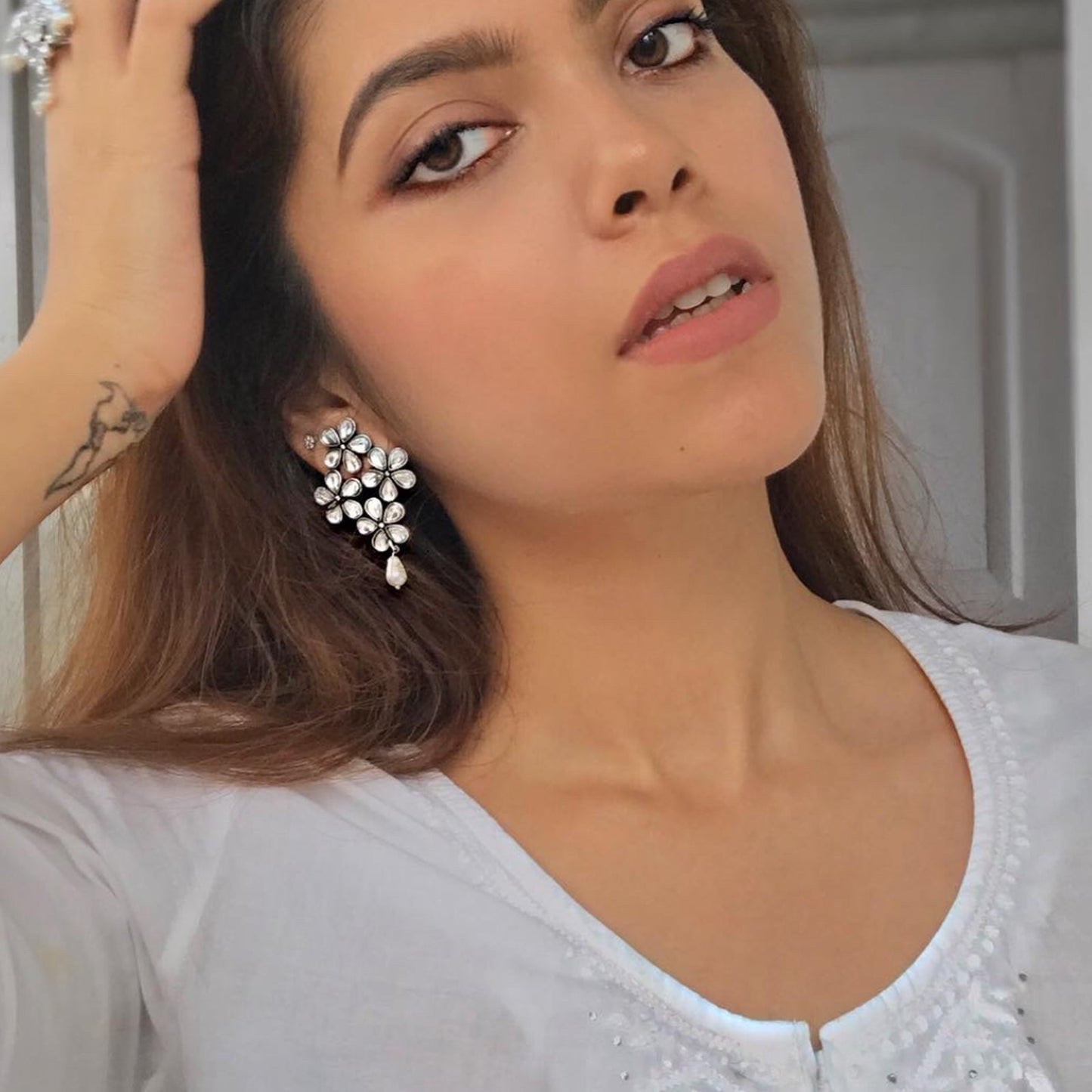 Vamika Floral Polki Silver Oxidized Earrings - Teejh