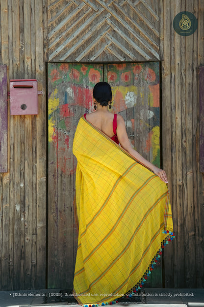 Chandani Yellow Checks Mul Cotton Saree with Hand Kantha Work