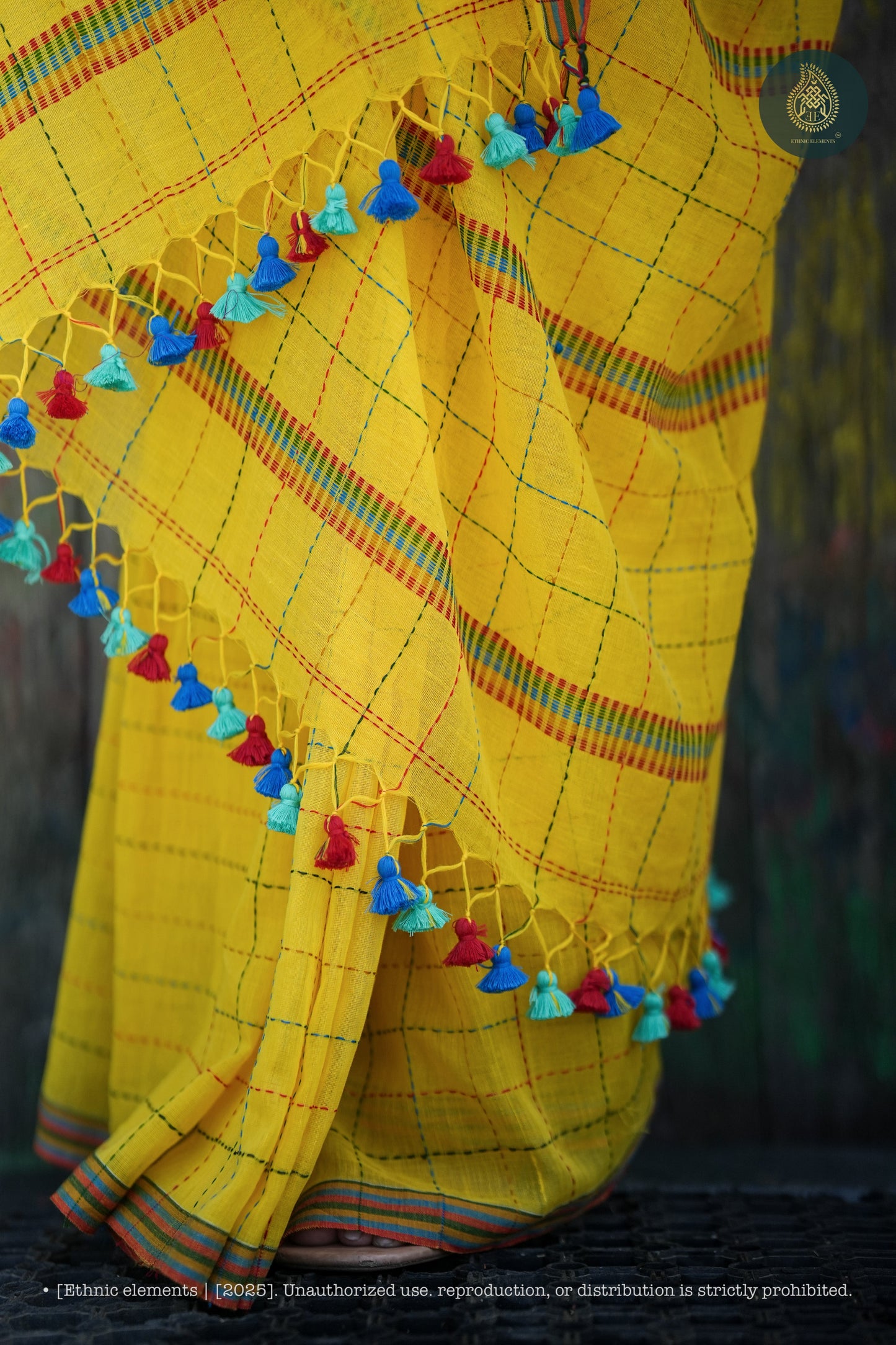 Chandani Yellow Checks Mul Cotton Saree with Hand Kantha Work