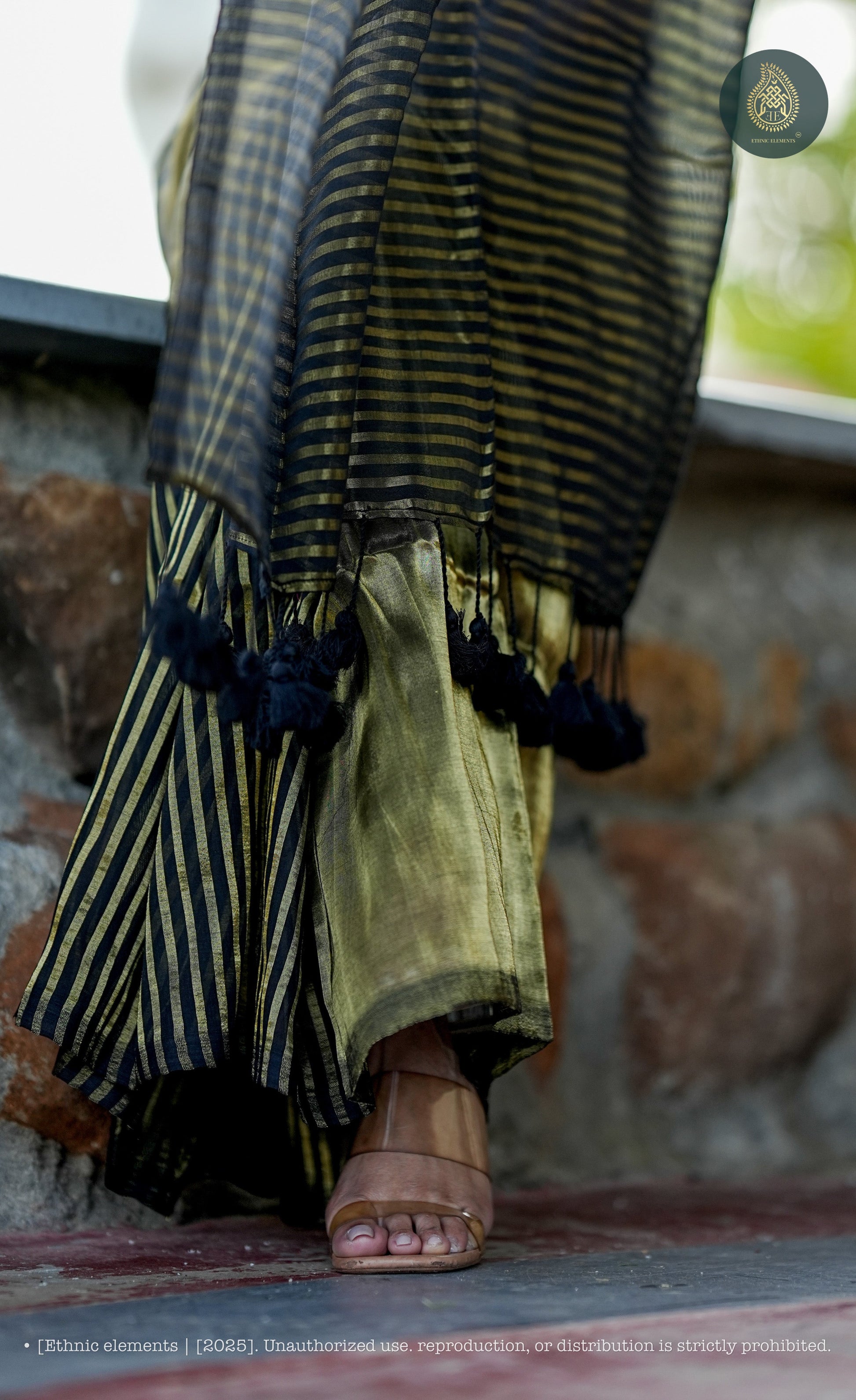 Mul Cotton Tissue Black And Olive-Gold Striped Saree Obsidian Panel