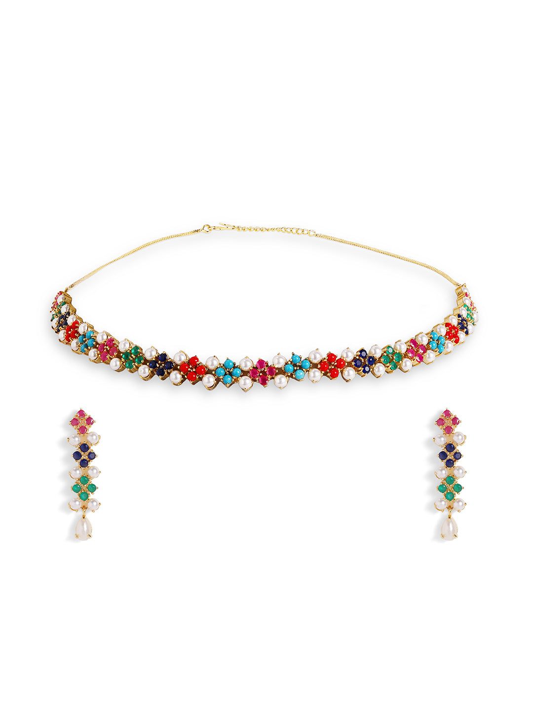 Multicolor Stones and Pearl Combo Floral Necklace Gold Plated and Drop Earrings Jewellery Set