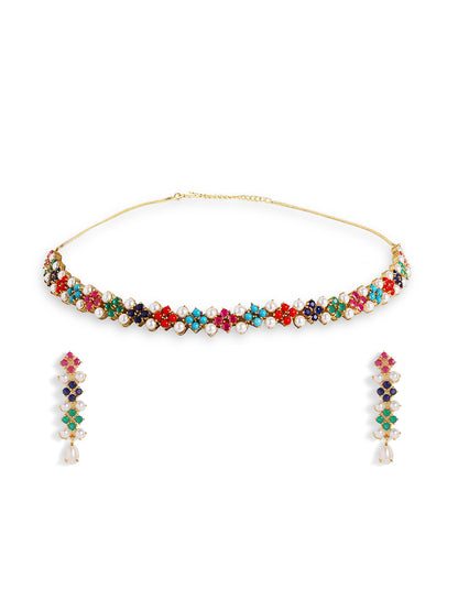 Multicolor Stones and Pearl Combo Floral Necklace Gold Plated and Drop Earrings Jewellery Set