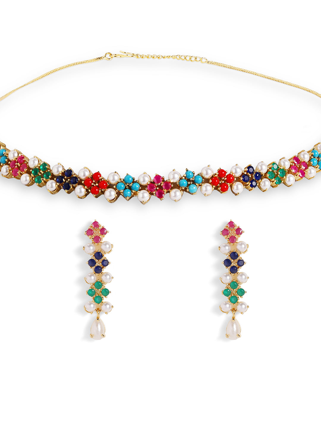 Multicolor Stones and Pearl Combo Floral Necklace Gold Plated and Drop Earrings Jewellery Set