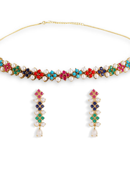 Multicolor Stones and Pearl Combo Floral Necklace Gold Plated and Drop Earrings Jewellery Set