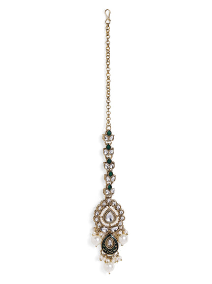 Kundan Pearl Elegance Green Design Gold Palted Choker Jhumkis and Maangtika Jewellery Set