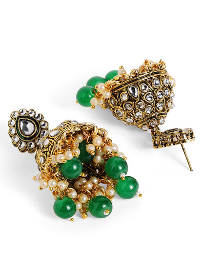 Green Beads Floral Kundan Gold Plated Necklace Jhumkis and Maangtika Jewellery Set