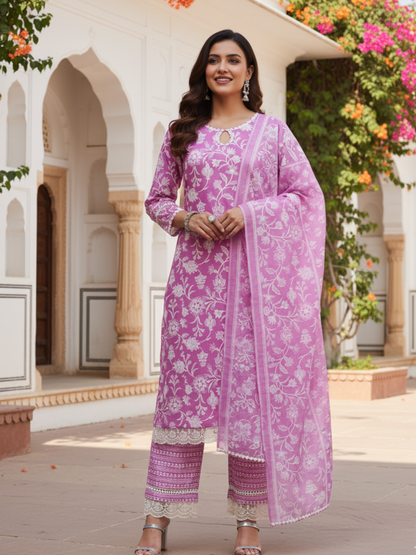 Purple Floral Print Embroidered Cotton Kurta & Dupatta Set| Embroidered Kurta Set With Dupatta | frontside full view