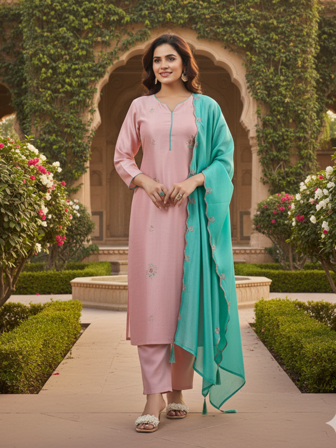 Rose Pink Embroidered Chinon Kurta with Dupatta Set |  Embroidered Kurta Set With Dupatta | front full image