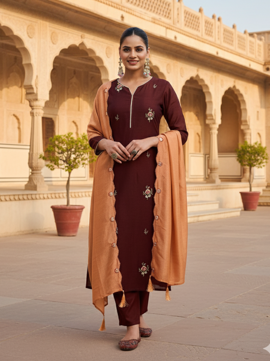 Coffee Embroidered Chinon Kurta with Dupatta Set|Embroidered Kurta Set |  front full side