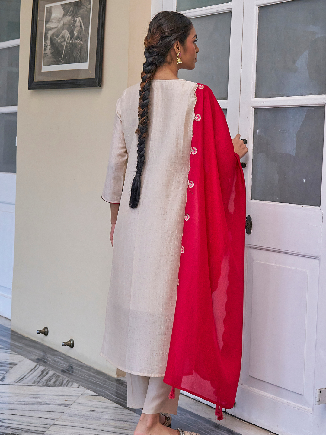 Cream Embroidered Chinon Kurta with Dupatta Set | silk kurta set for women​ | backside view