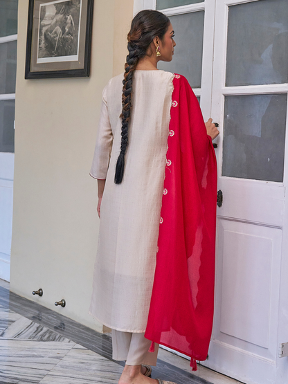 Cream Embroidered Chinon Kurta with Dupatta Set | silk kurta set for women​ | backside view