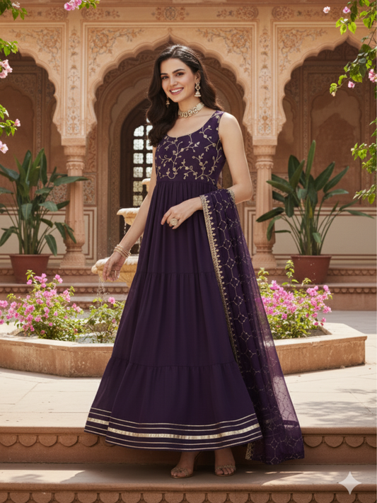Violet Embroidered Tiered Anarkali Kurta with Dupatta set