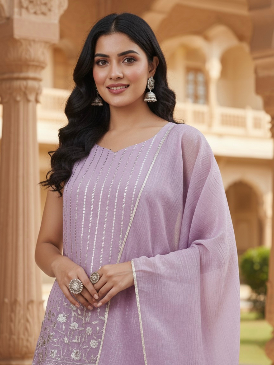 Lavender Silk Embroidered Palazzo Suit with Dupatta | half side