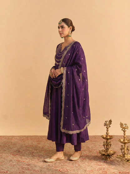 Violet Embroidered Silk Blend Anarkali Kurta With Dupatta Set
