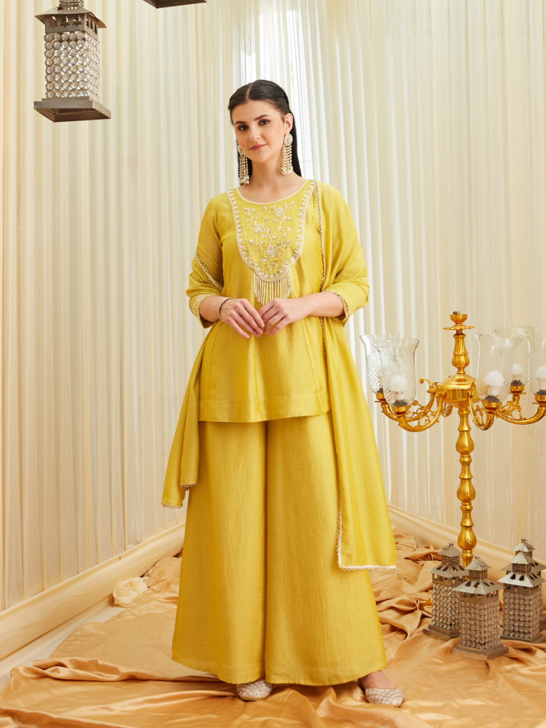 Yellow Silk Embroidered Top Sharara Set with Dupatta | frontside full view