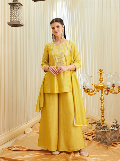 Yellow Silk Embroidered Top Sharara Set with Dupatta | frontside full view