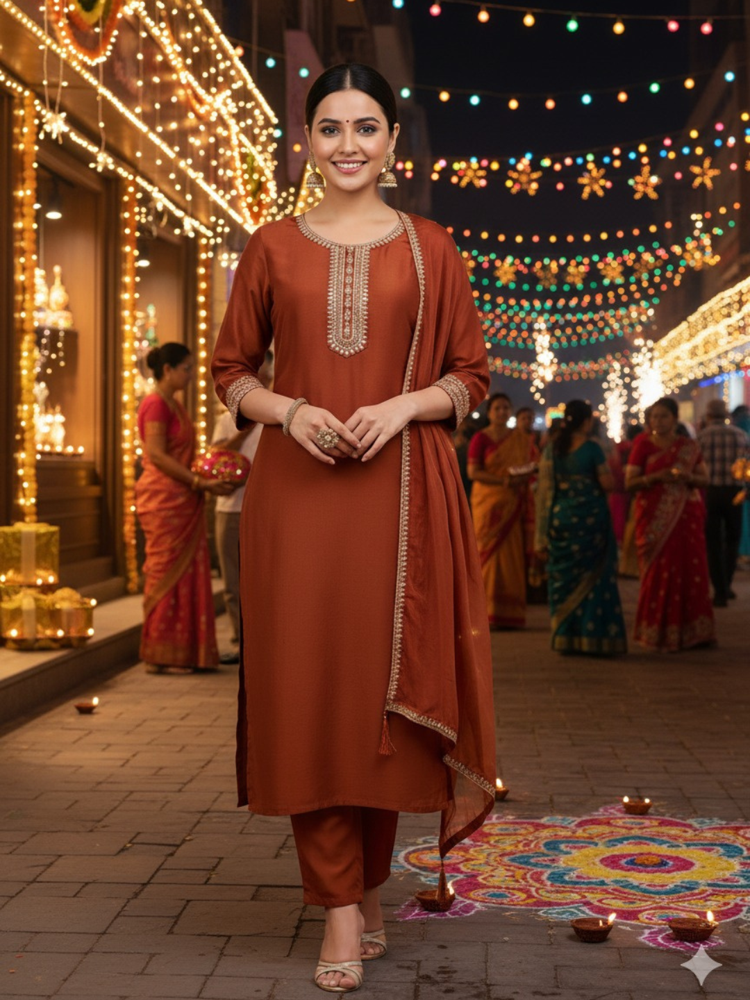 Coffee Embroidered Chinon Kurta with Dupatta Set | embroidered kurta set for women | Frontside view