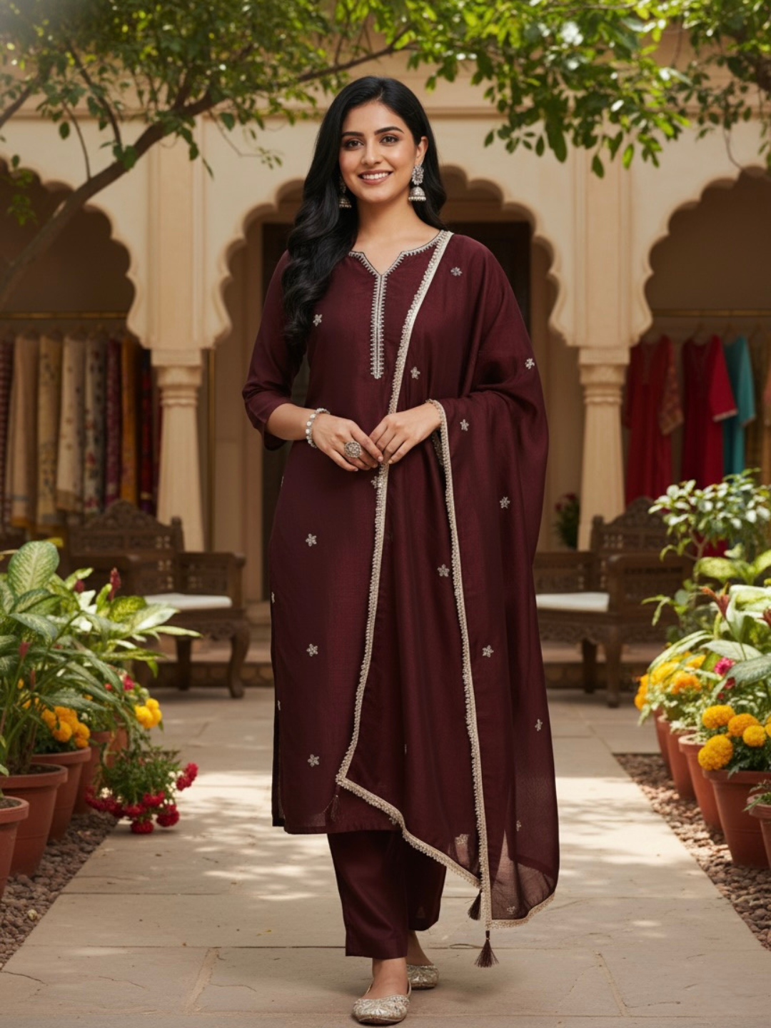 Coffee Embroidered Silk Kurta with Dupatta Set | silk kurta set for women | frontside view