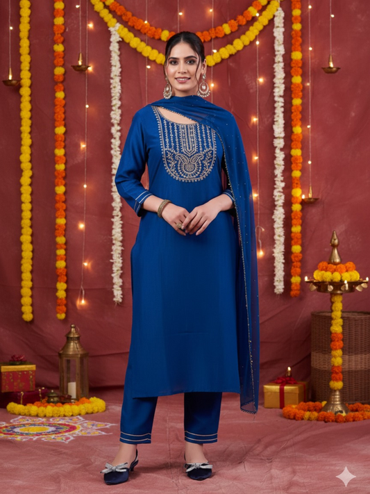 Teal Blue Embroidered Chinon Kurta with Dupatta Set | embroidered kurta set for women | frorntside full view