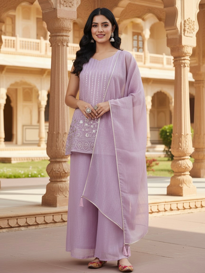 Lavender Silk Embroidered Palazzo Suit with Dupatta | front full side