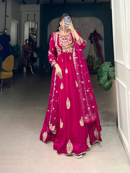 Vachitra Silk Sequence Thread Embroidery Work Gown Dupatta Set (Stitched) Ethenika.com