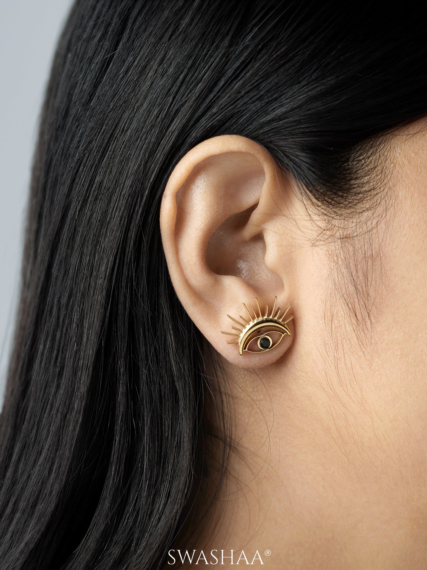 Varra Black Open Eye 18K Gold Plated Stud Earrings