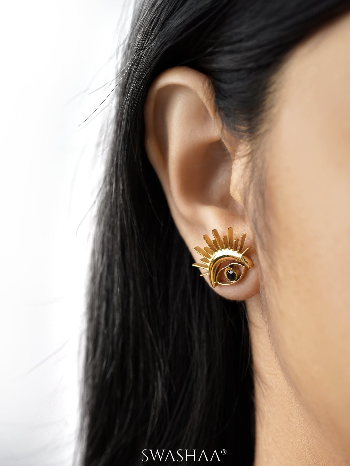 Varra Black Open Eye 18K Gold Plated Stud Earrings
