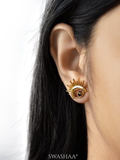 Varra Black Open Eye 18K Gold Plated Stud Earrings