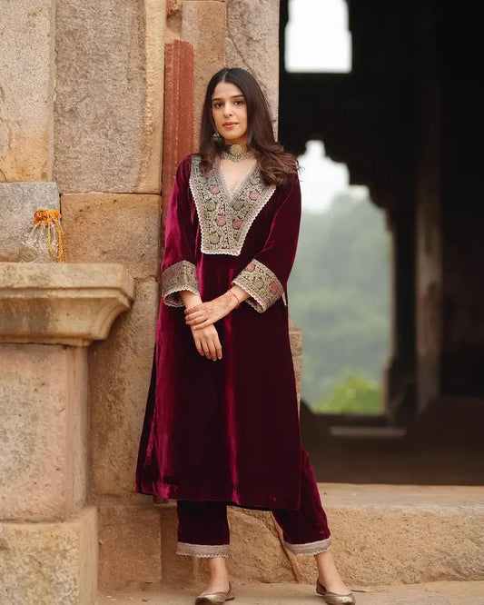Maroon Velvet Lace Suit Set