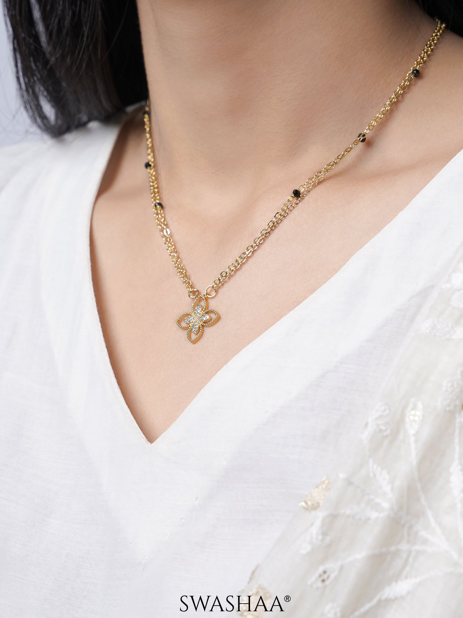 Verona Double Layered Flower Diamond Charm 14K Gold Plated Mangalsutra