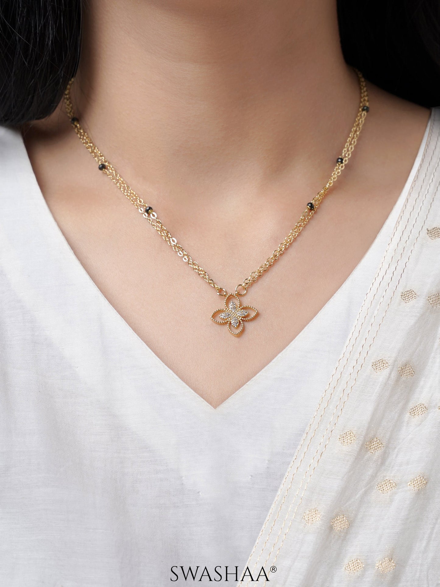 Verona Double Layered Flower Diamond Charm 14K Gold Plated Mangalsutra