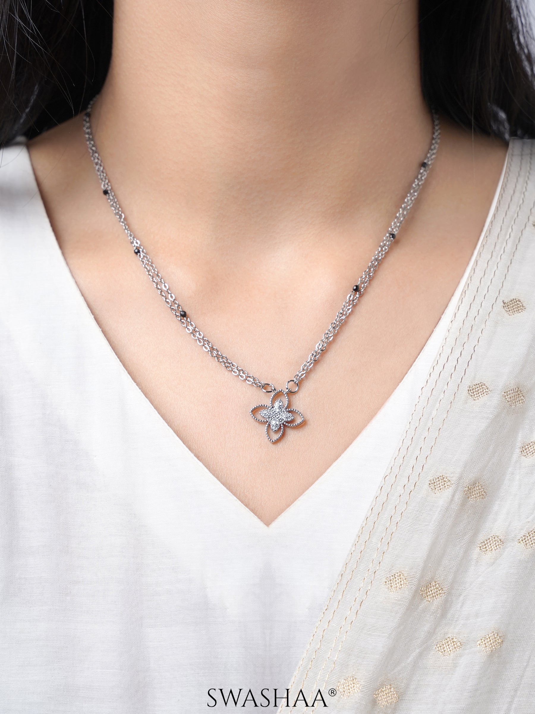 Verona Double Layered Flower Diamond Charm Silver Pendant Mangalsutra