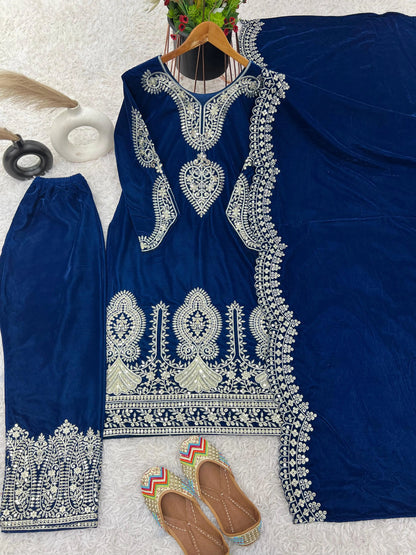 Viscos Seuqence Embroidery Work Designer Velvet Kurti Pant Dupatta Set (Ready to Wear) Ethenika.com