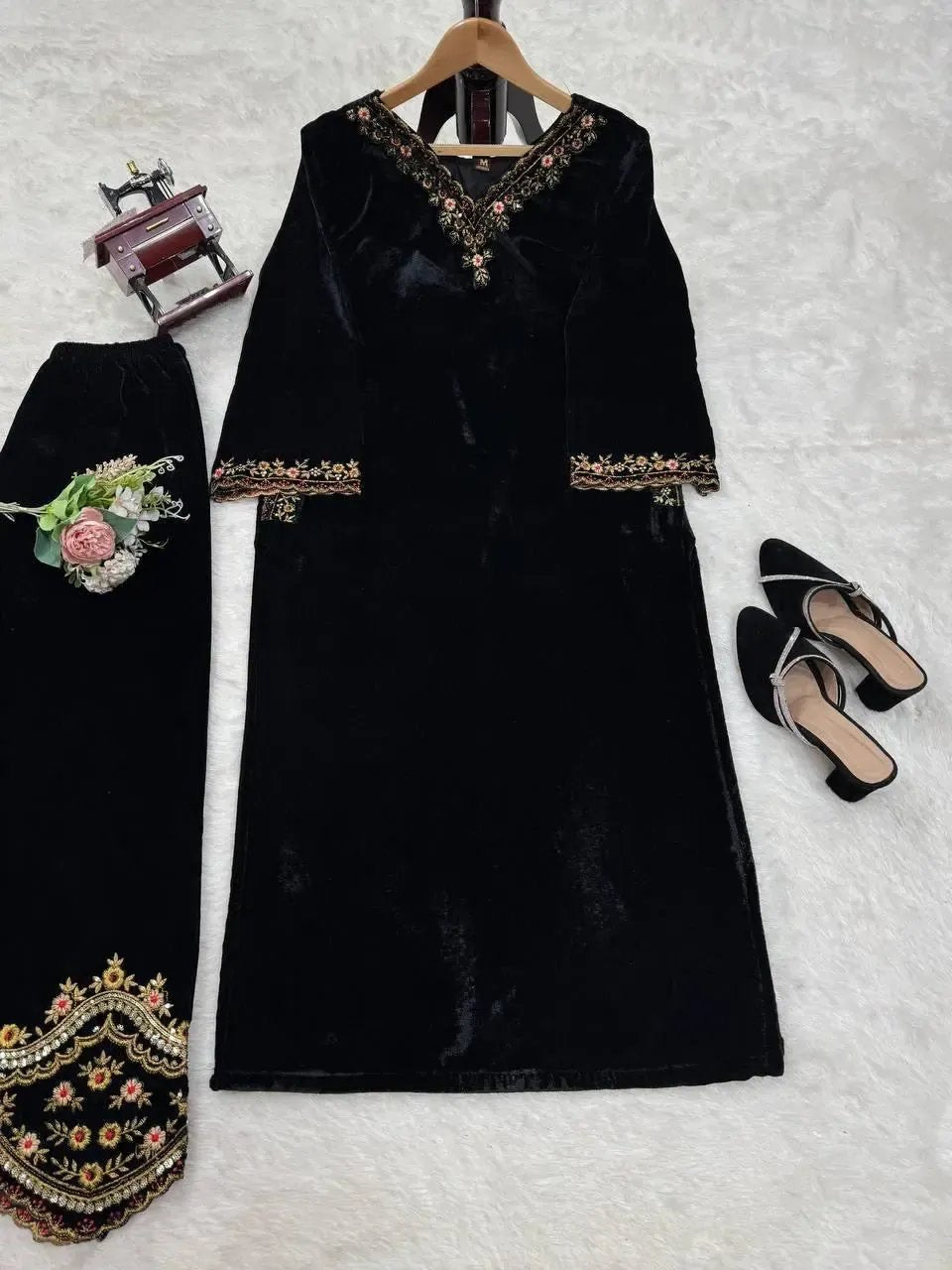 Viscose Velvet Black Beauty Velvet Straight Fit Kurti Pant (Ready to Wear) Ethenika.com