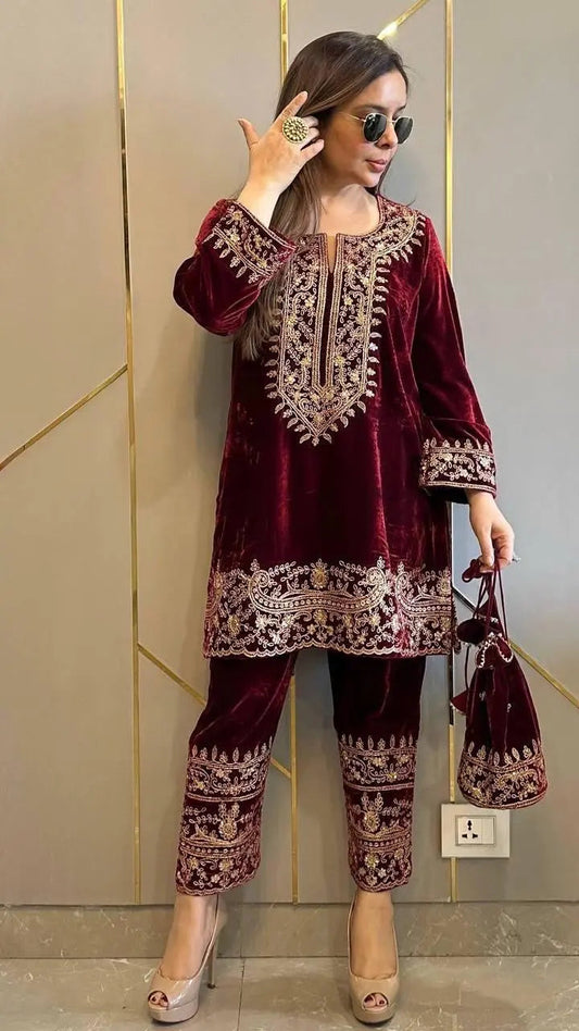 Viscose Velvet Embroidery Work Velvet Cord Set for Winter (Ready to Wear) Ethenika.com