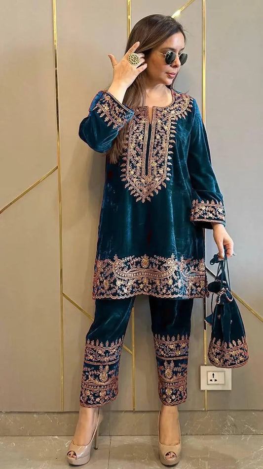 Viscose Velvet Embroidery Work Velvet Cord Set for Winter (Ready to Wear) Ethenika.com