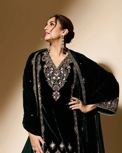 Viscose Velvet Sequence Embroidery Work Designer Party Wear Velvet Kurti Palazzo Dupatta Set (Ready to Wear) Ethenika.com