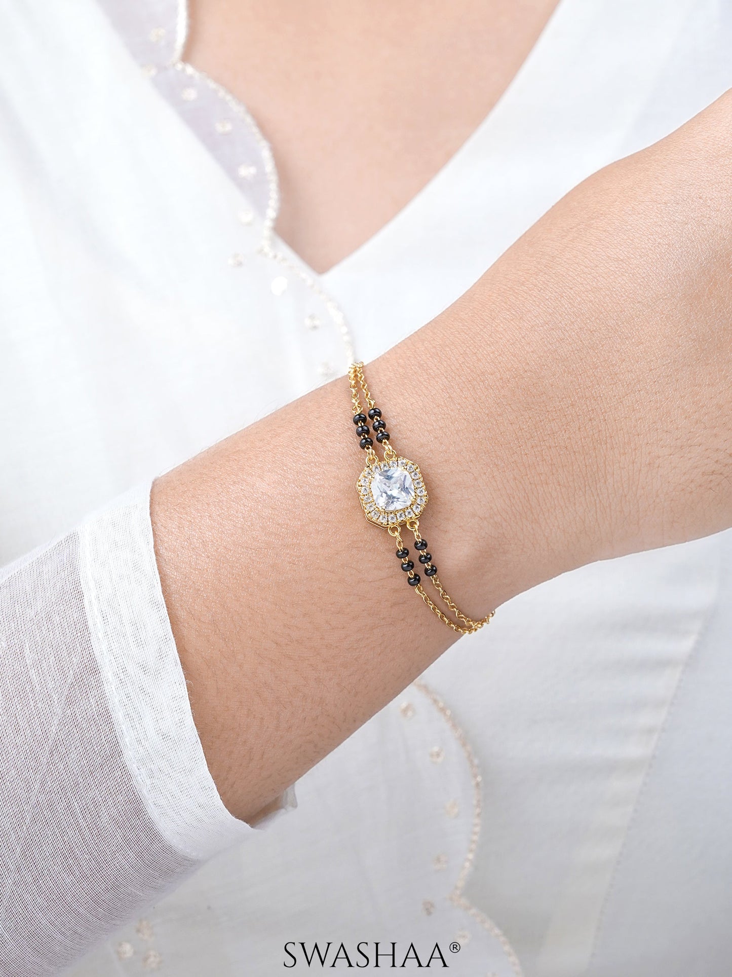 Viyana Solitaire Halo Layered 18K Gold Plated Mangalsutra Bracelet