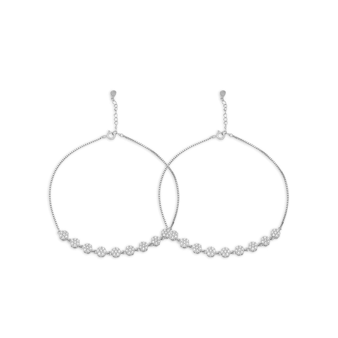 Pair of 925 Sterling Silver floral anklets for women featuring delicate chains and sparkling stone flowers – Zavya