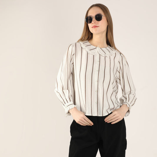 Striped Full-Sleeve Layered Collar Casual Shirt