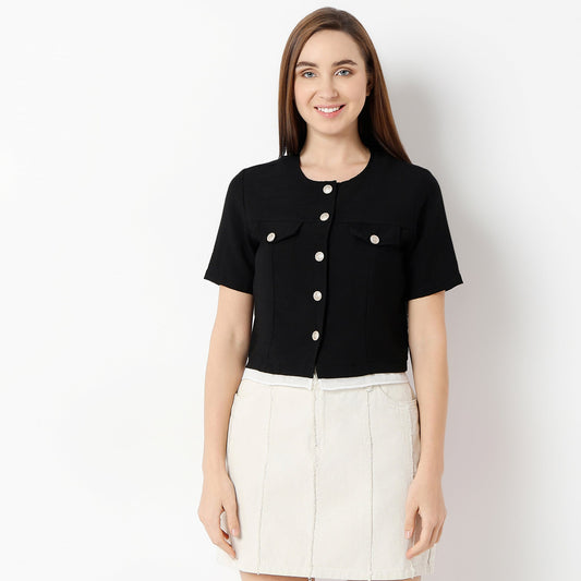 Regular Fit Solid Round Neck Shirt