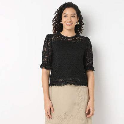 Round Neck with Crochet Lace Trim Top