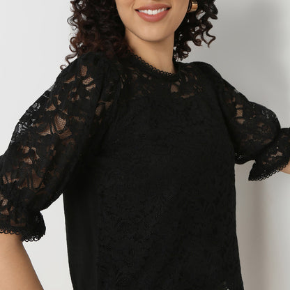 Round Neck with Crochet Lace Trim Top