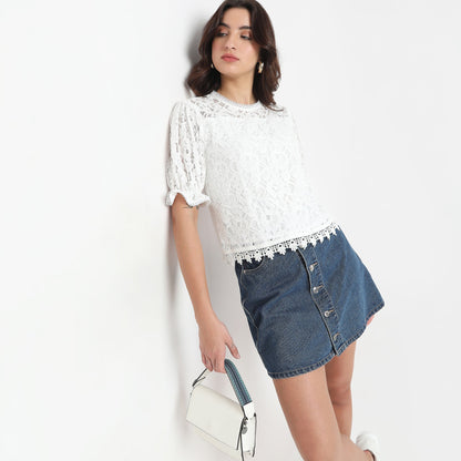 Round Neck with Crochet Lace Trim Top