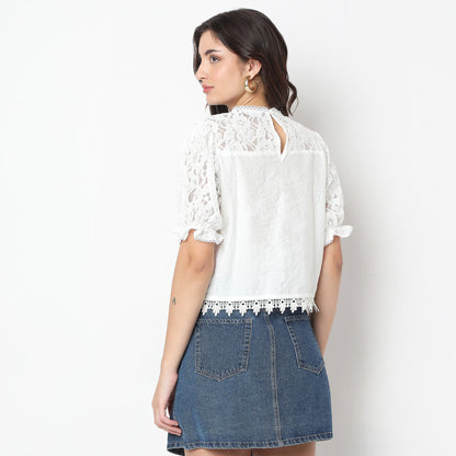 Round Neck with Crochet Lace Trim Top