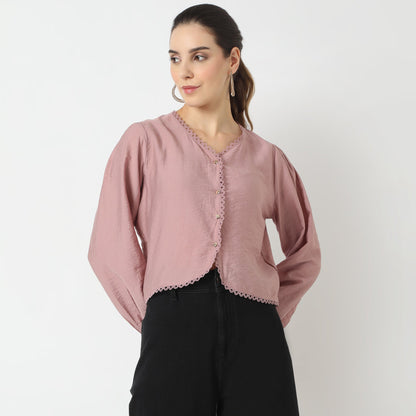 Regular Fit Solid V-Neck Top